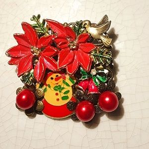 Vintage  Christmas Brooch Collage Pin Wearable Art Reclaimed Upcycled Earring